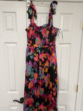 Colorful Ikat-Style Tie-Strap Maxi Dress - Black Base with Fuchsia & Teal
